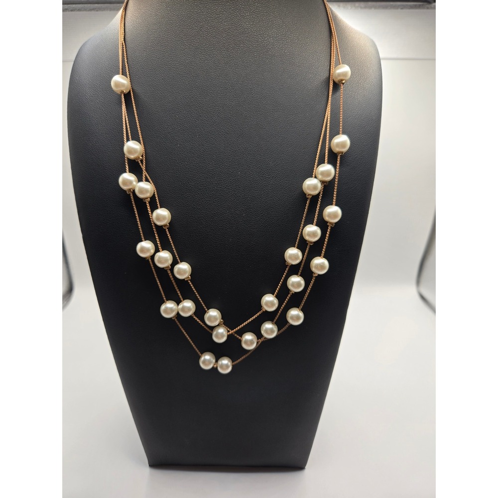 Gold Tone Multi Strand Faux Pearl Layered Necklace Cream 18 Inch